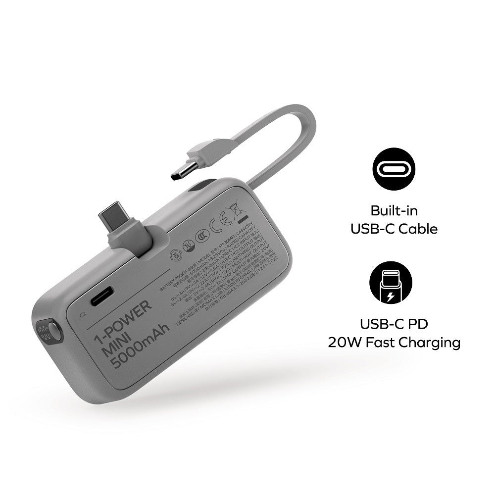 1-Power Mini 5000mAh built-in foldable USB-C power bank