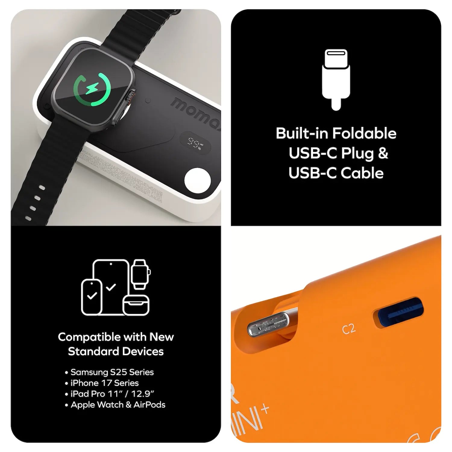 1-Power X Pro Mini⁺ 5000mAh 內置USB-C 可摺疊充電插頭及 USB-C 線移動電源配備 Apple Watch 快速充電器