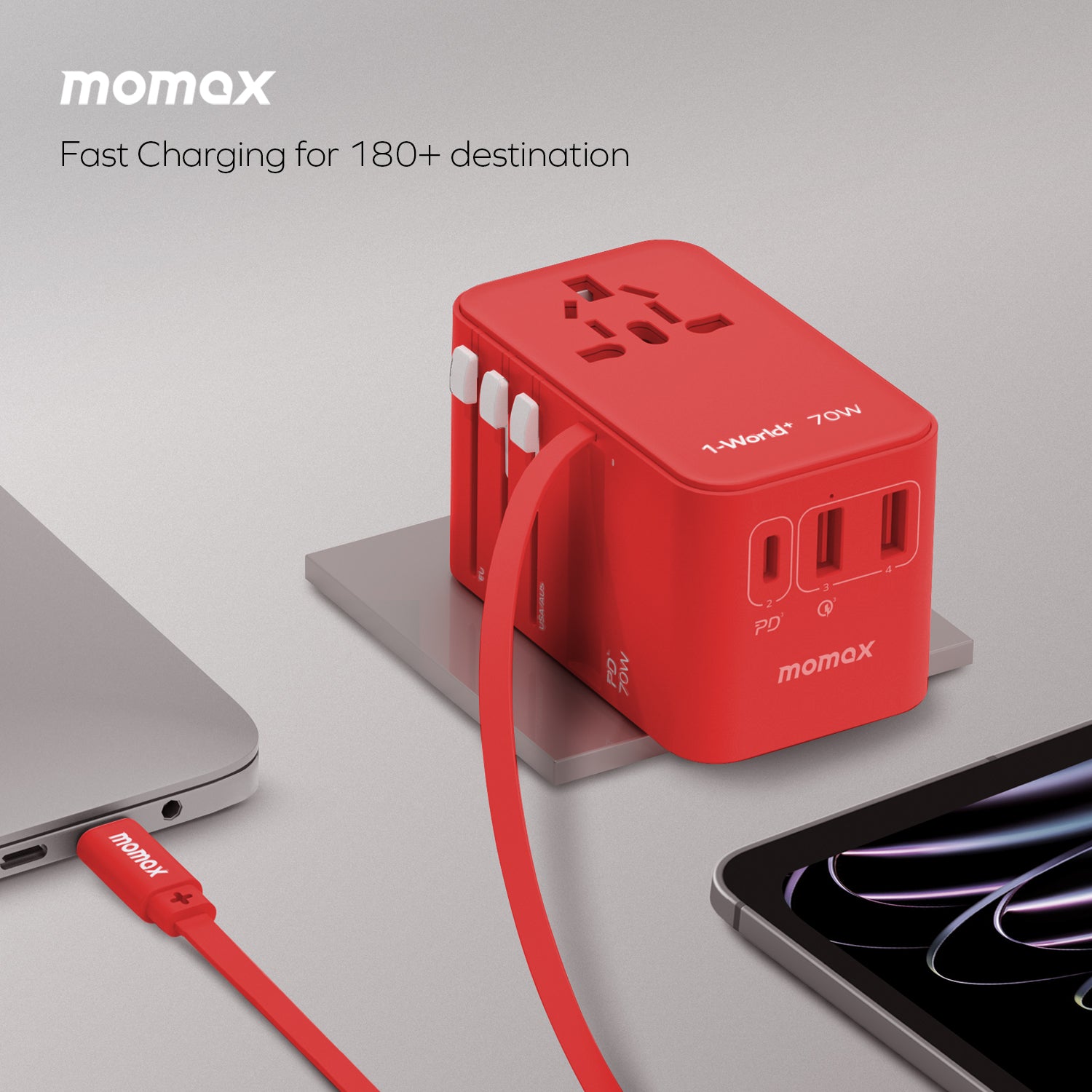 1-World+ 3-Port Travel GaN Charger With Built-in USB-C Cable 70W