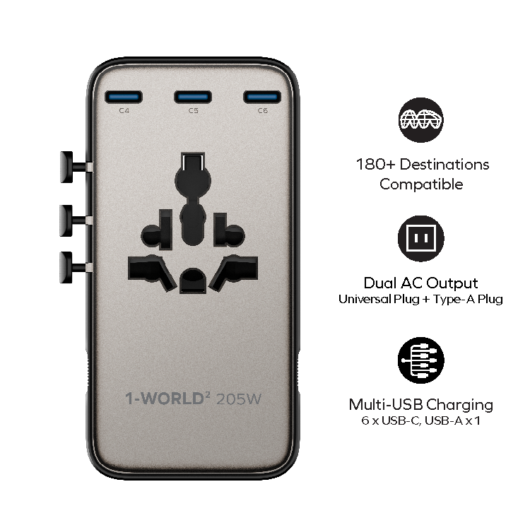 1-World² 205W 七接口雙 AC 旅行充電插座
