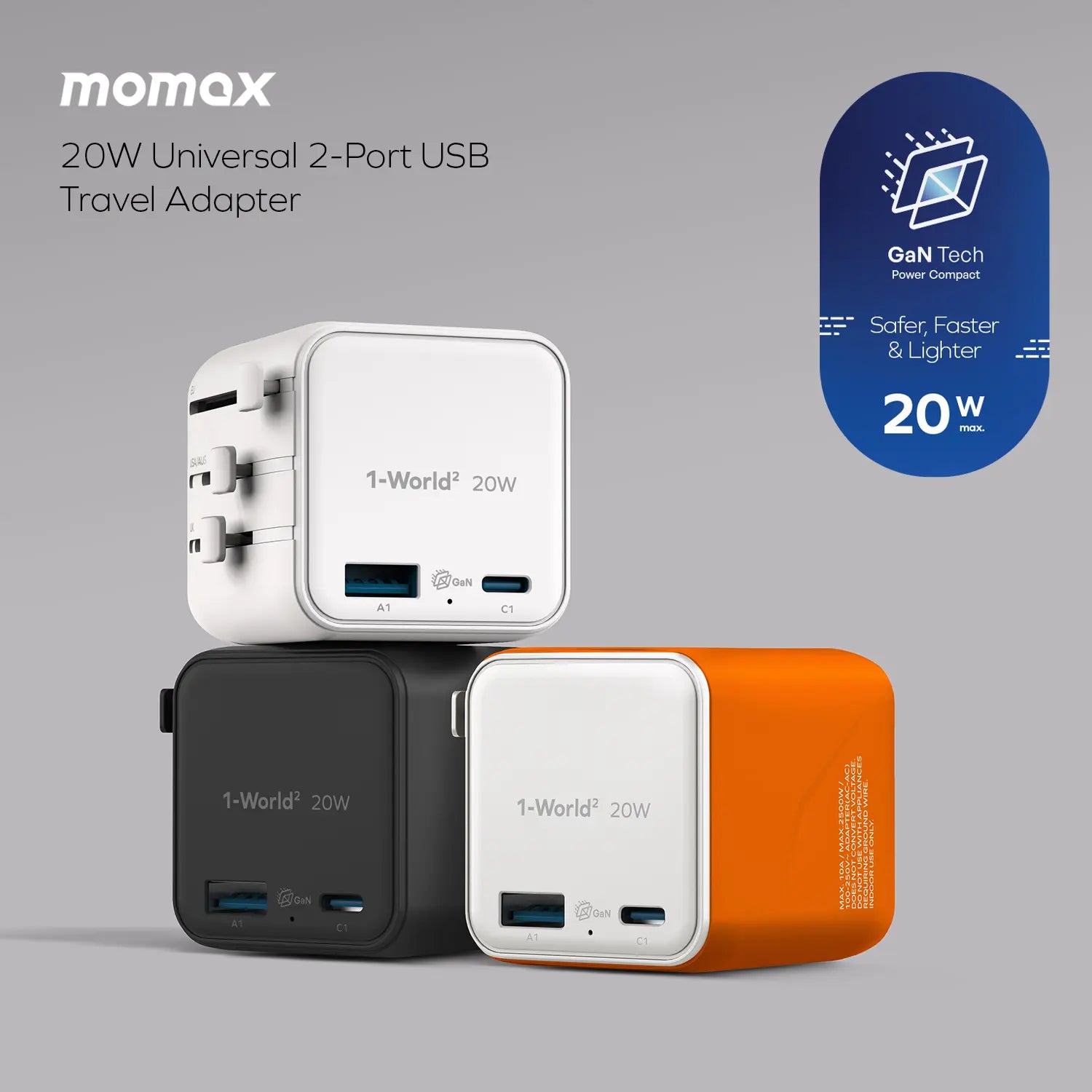 1-World²
20W 2 接口 USB 旅行充電器