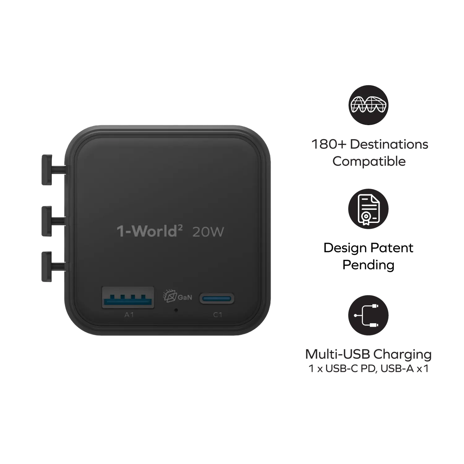 1-World²
20W 2 接口 USB 旅行充電器