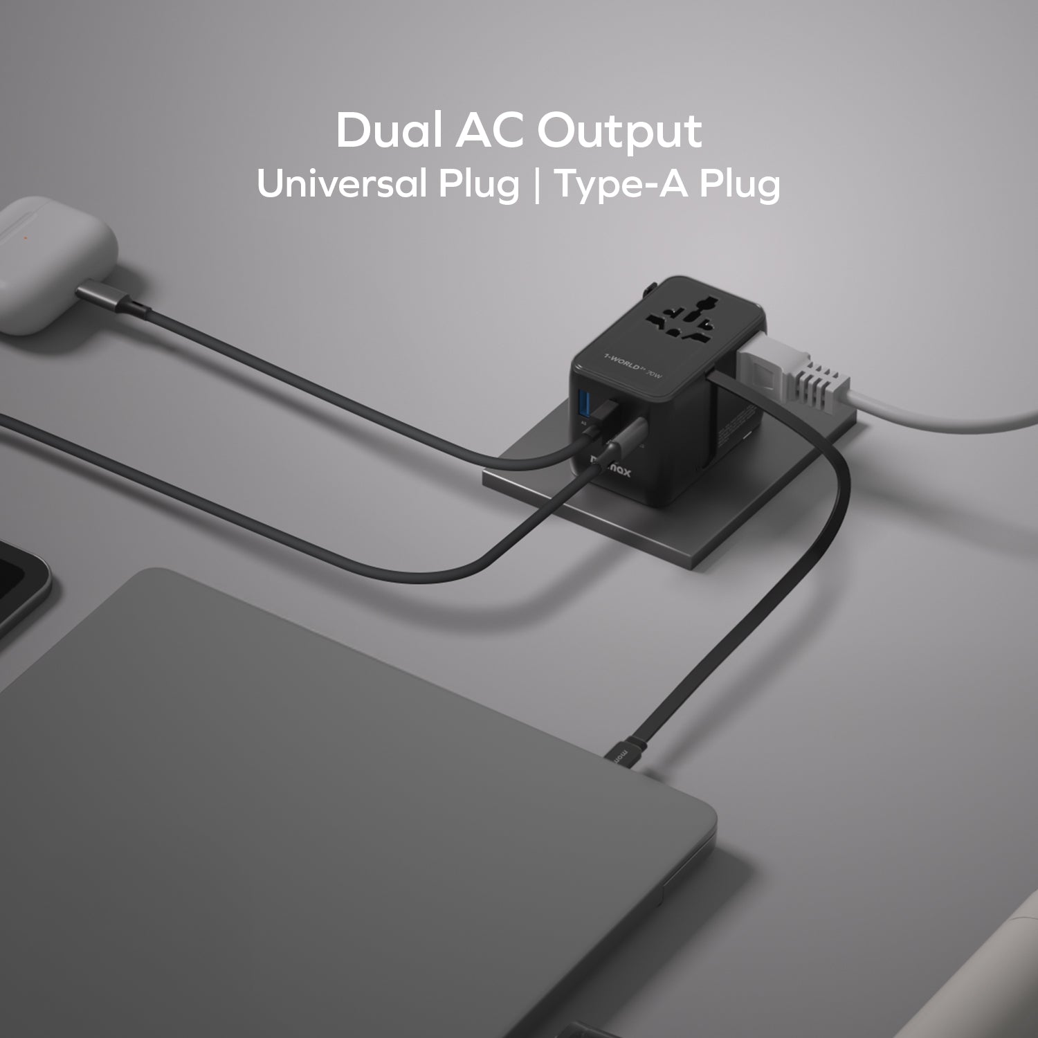 1-World²⁺
70W 伸縮充電線三接口雙 AC 旅行充電插座