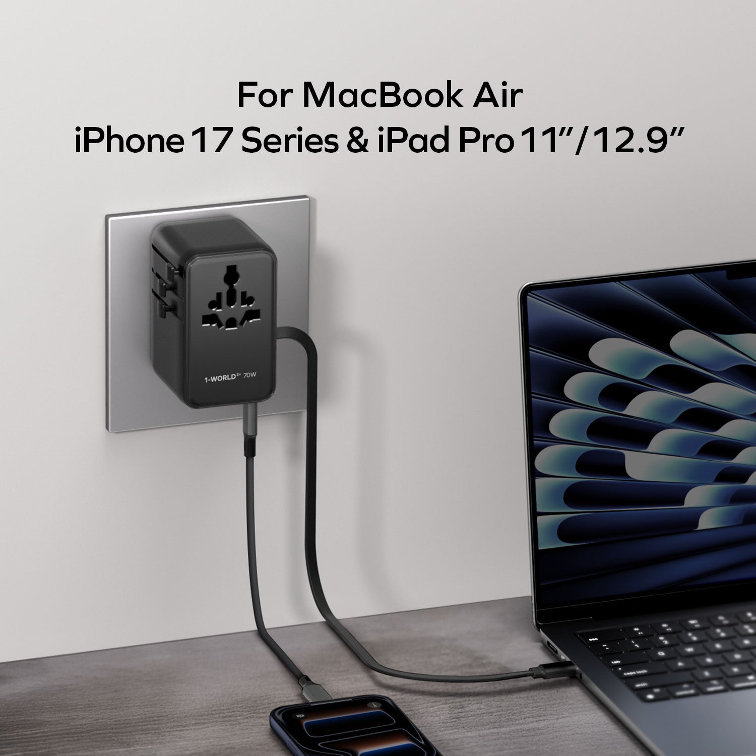 1-World²⁺
70W 伸縮充電線三接口雙 AC 旅行充電插座