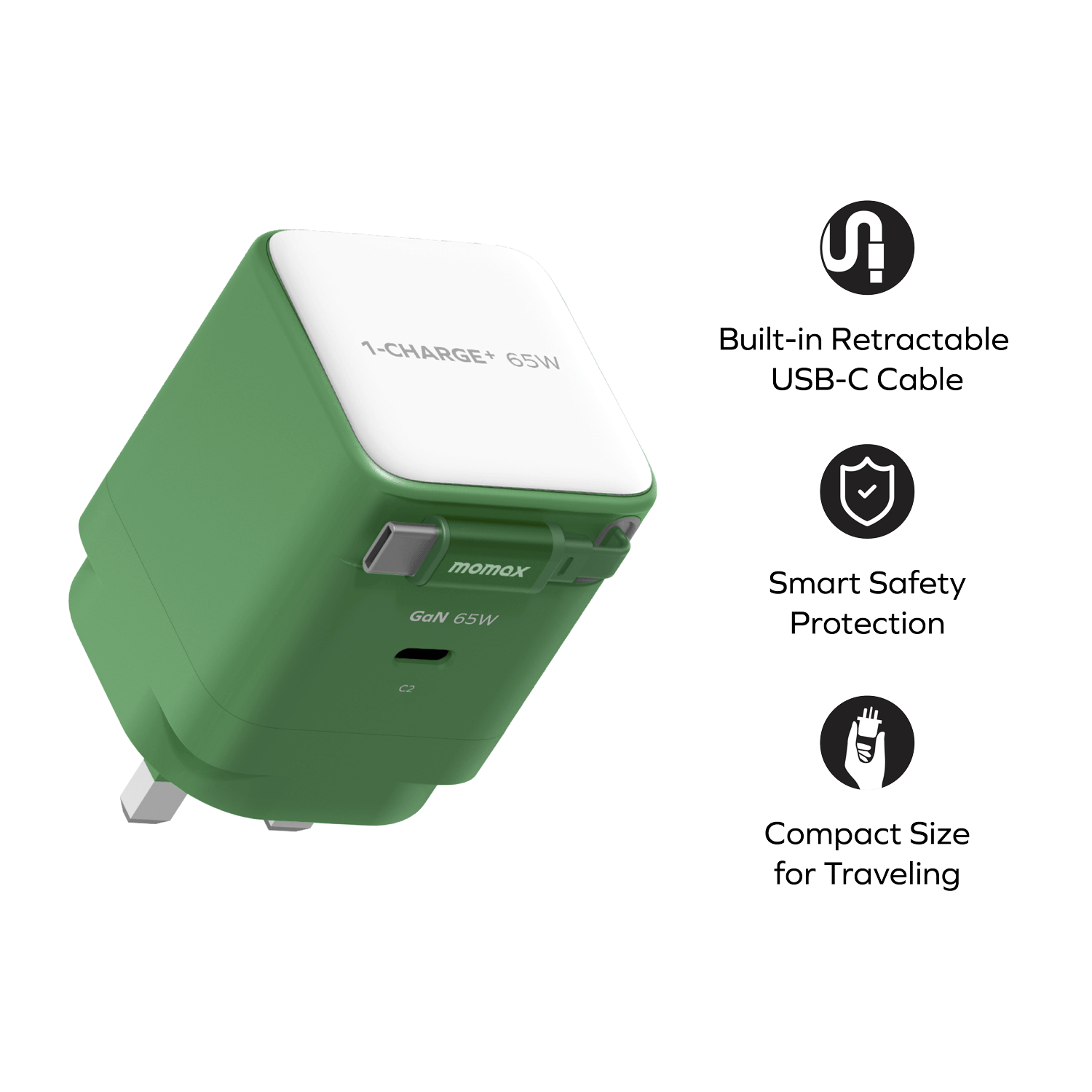 1-CHARGE+ 1 連接埠 GaN 65W 充電器,附可伸縮 USB-C線