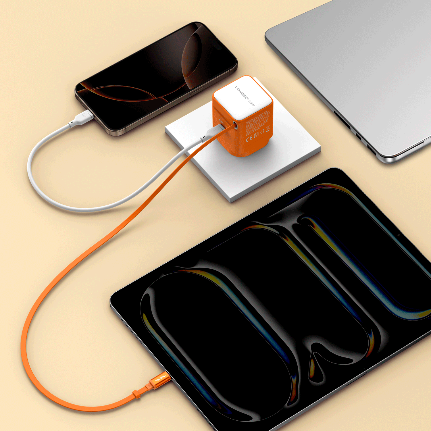 1-CHARGE+ 1 連接埠 GaN 65W 充電器,附可伸縮 USB-C線