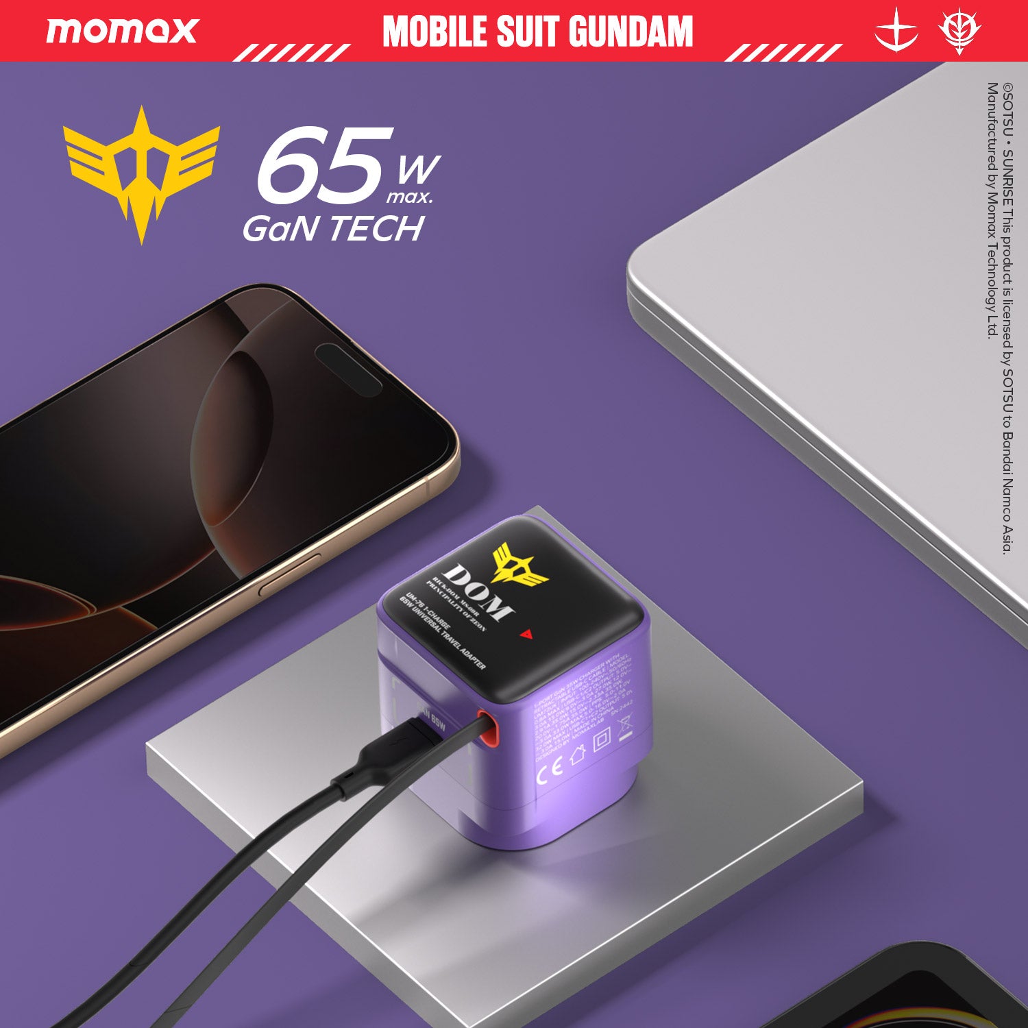 1-CHARGE+ 1 連接埠 GaN 65W 充電器,附可伸縮 USB-C 線