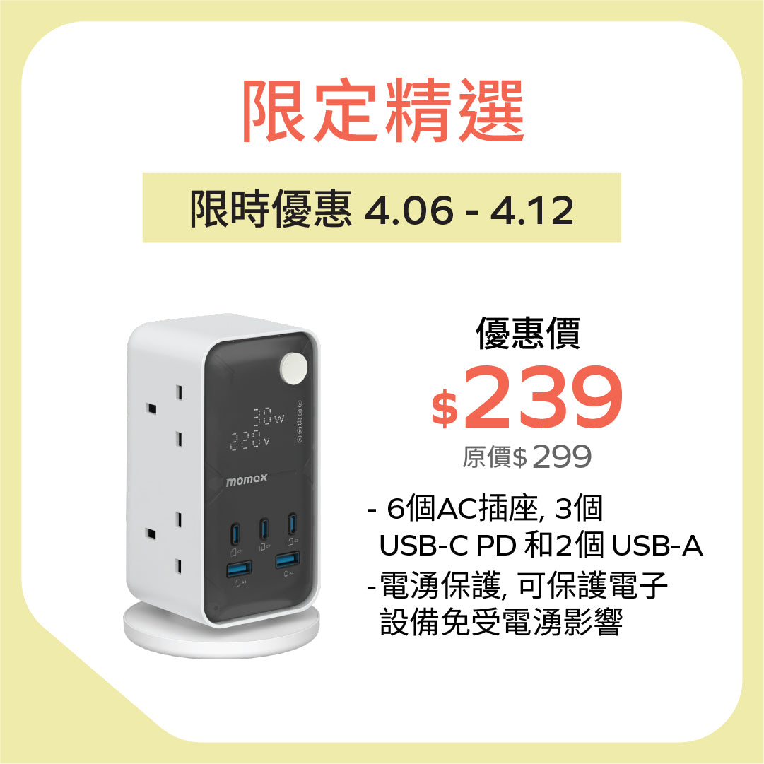 1-Charge Work-Flow 6 插座數位顯示電源盒 (附 USB)