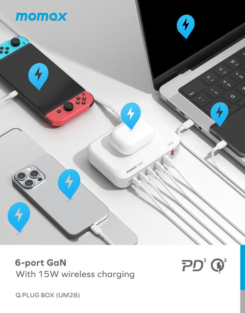 Q.PLUG BOX GaN 100W六輸出連無線充桌面充電器