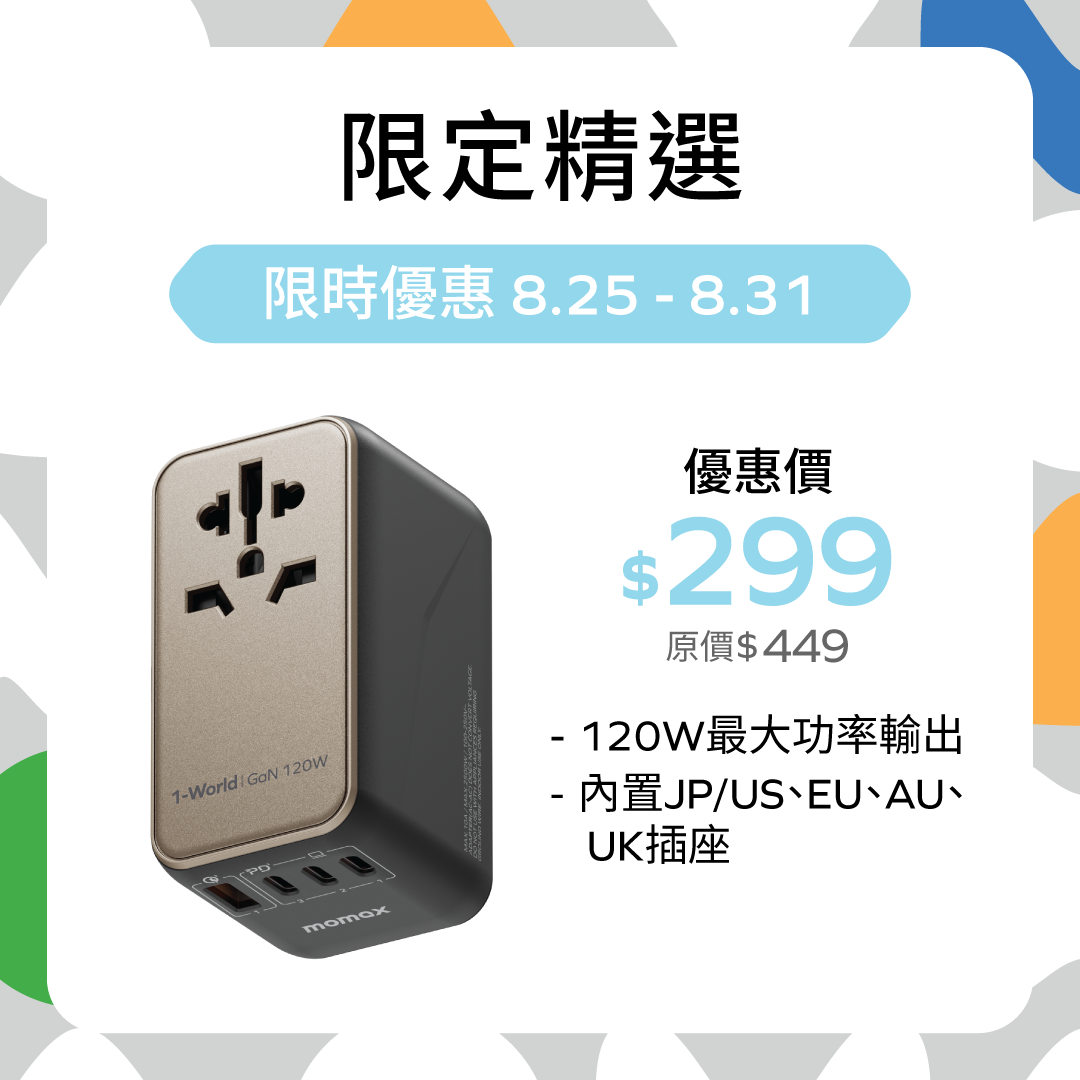 1-World Universal 4-Port Travel GaN Charger 120W + USB-C Cable