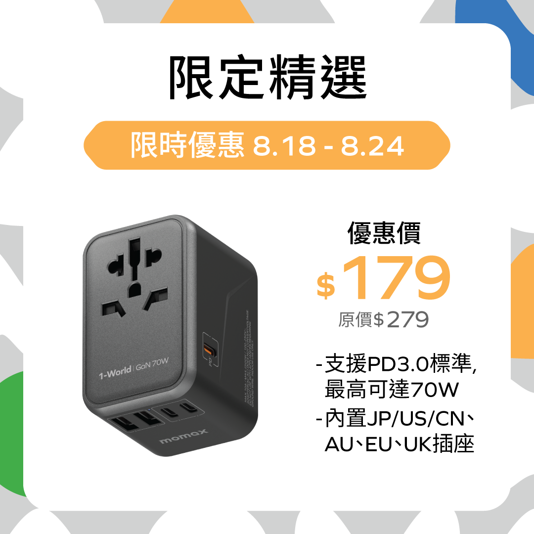 1-World Universal 5-Port Travel GaN Charger 65W