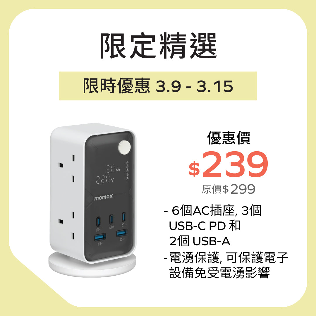 1-Charge Work-Flow 6 插座數位顯示電源盒 (附 USB)