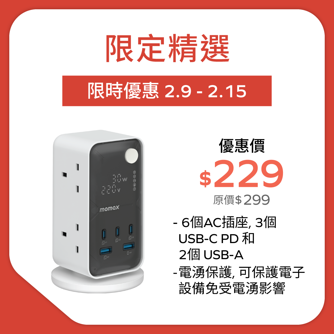 1-Charge Work-Flow 6 插座數位顯示電源盒 (附 USB)