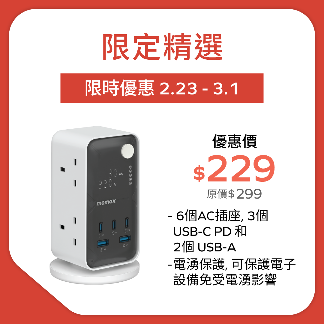 1-Charge Work-Flow 6 插座數位顯示電源盒 (附 USB)