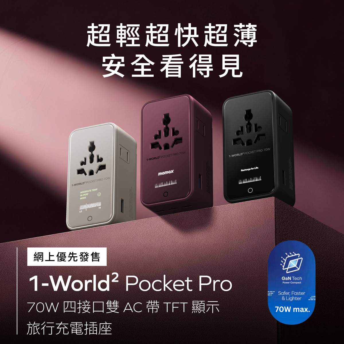 1-World² Pocket Pro 70W 4-Port Dual AC Travel Adapter With TFT Display