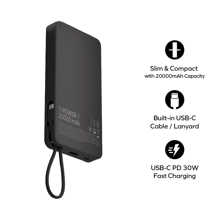 1-Power X 20000mAh 內置USB-C線移動電源 [新品預售 | 預計九月中到貨]