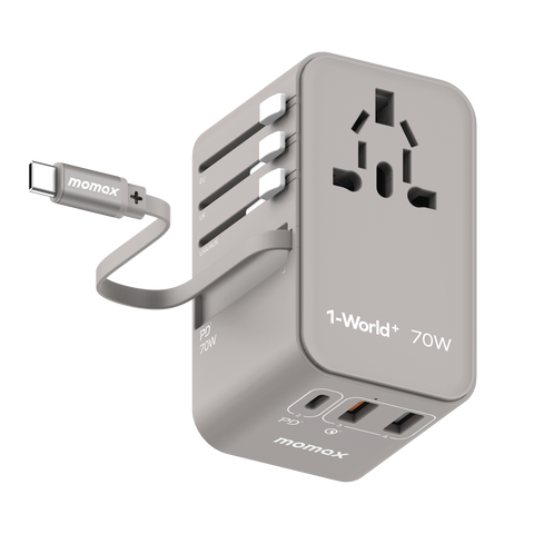 1-World+ 70W GaN 3插口及內置伸縮USB-C充電線旅行插座
