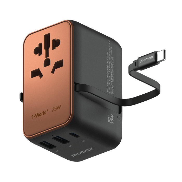 1-World+ 25W 3-插口 內建 USB-C 充電線 + AC 旅行充電插座