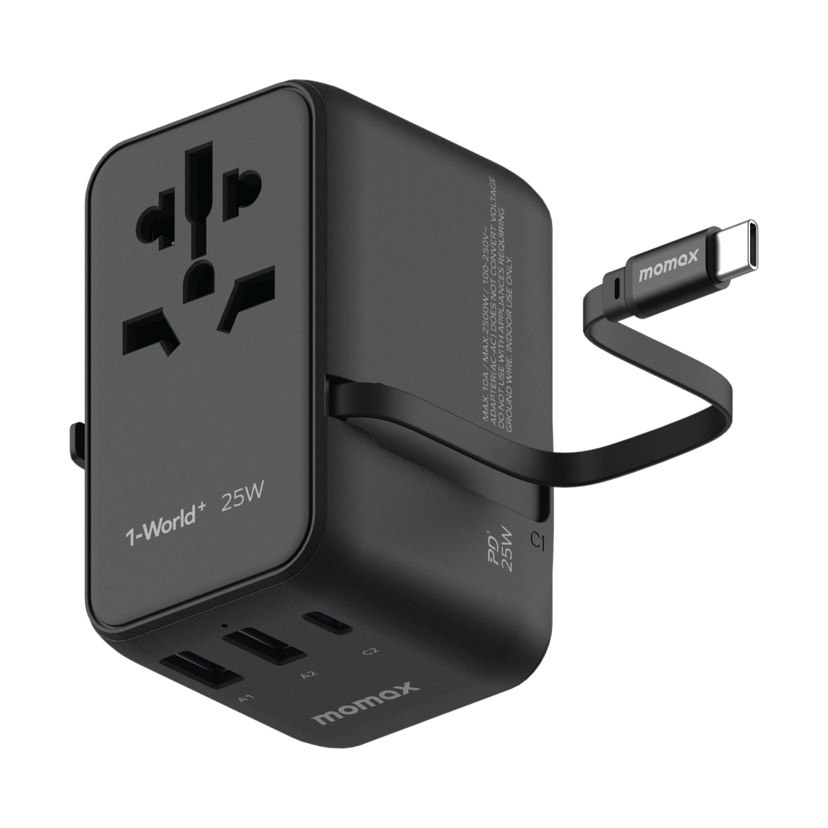 1-World+ 25W 3-插口內建USB-C 充電線+ AC 旅行充電插座