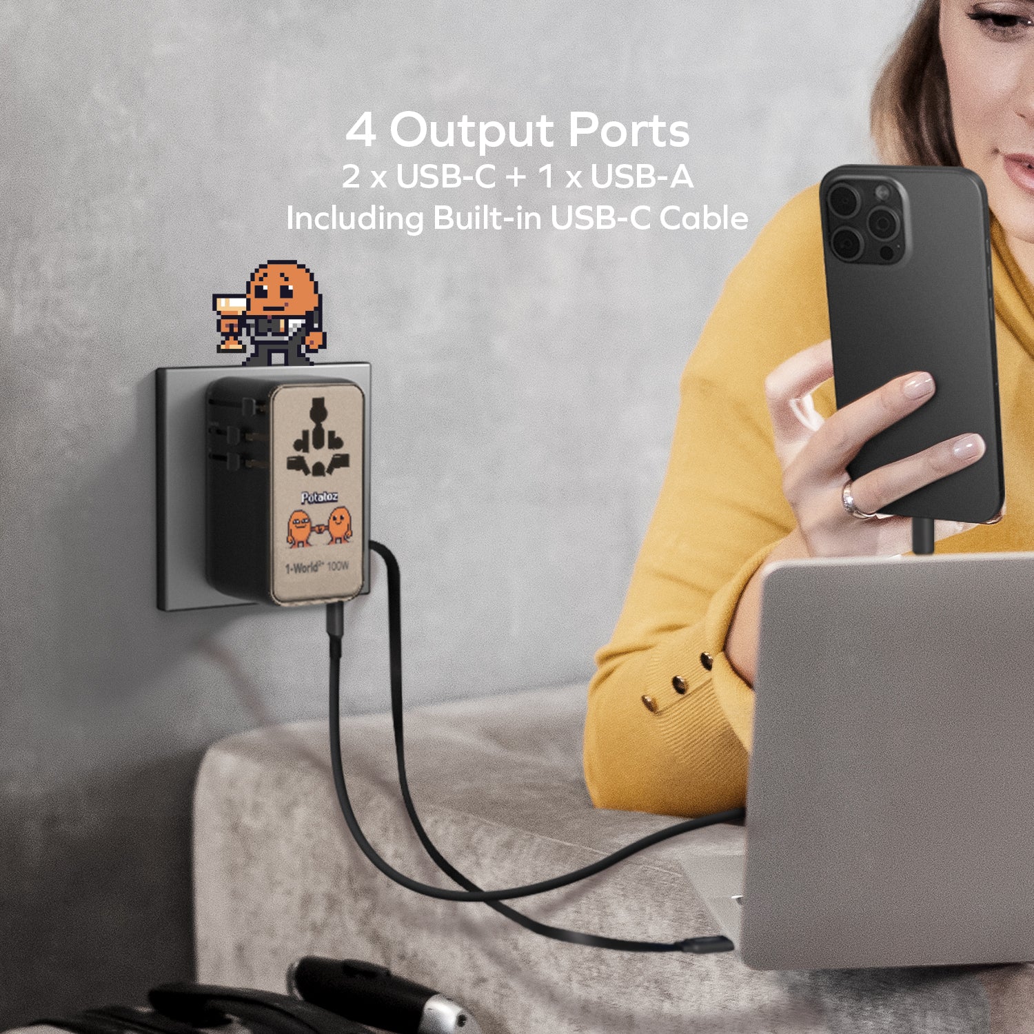 1-World²⁺ 4-Port Mini Universal Travel GaN Charger with Built-In Retractable Cable 100W with Dual AC - Limited Edition