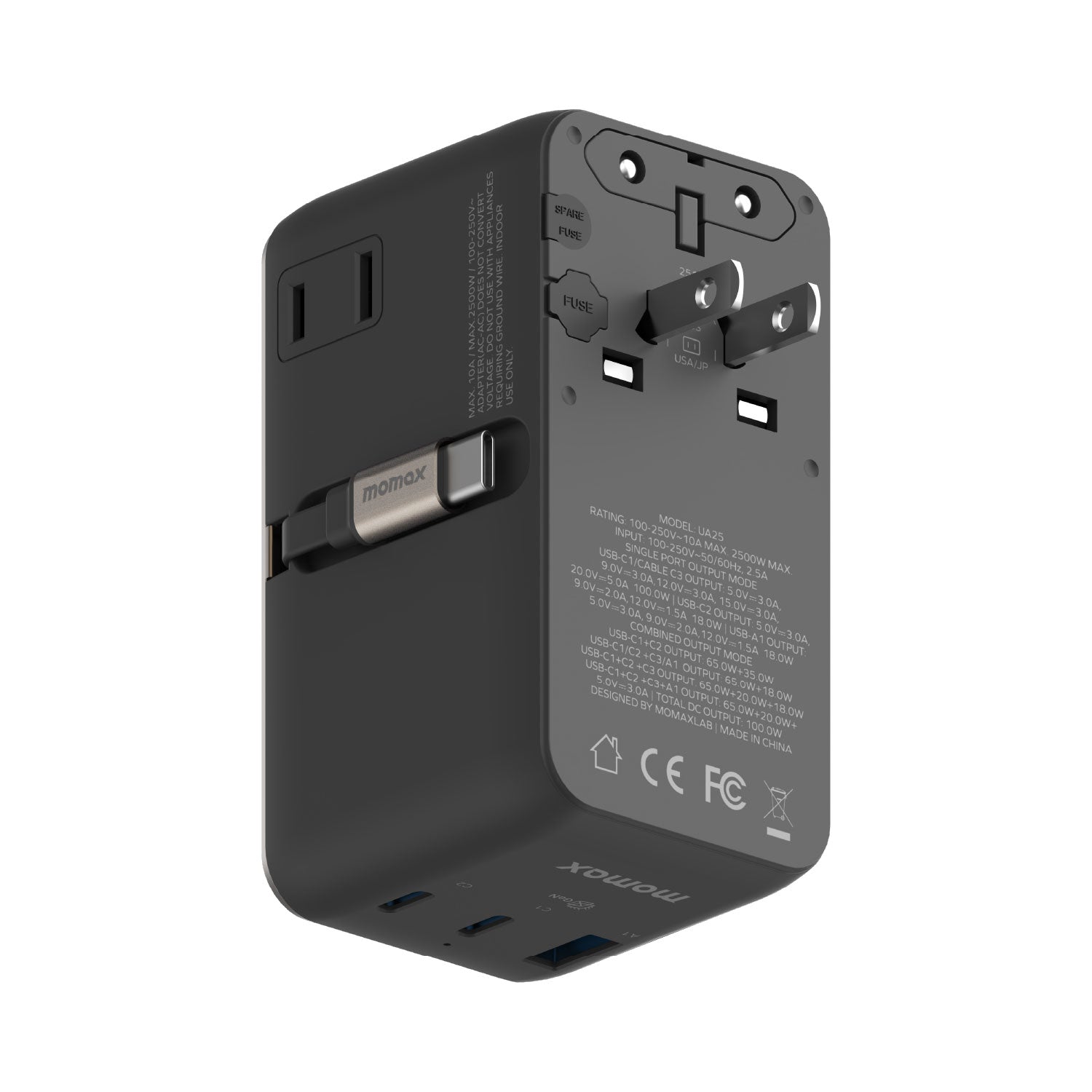 1-World²⁺ 4-Port Mini Universal Travel GaN Charger with Built-In Retractable Cable 100W with Dual AC - Limited Edition