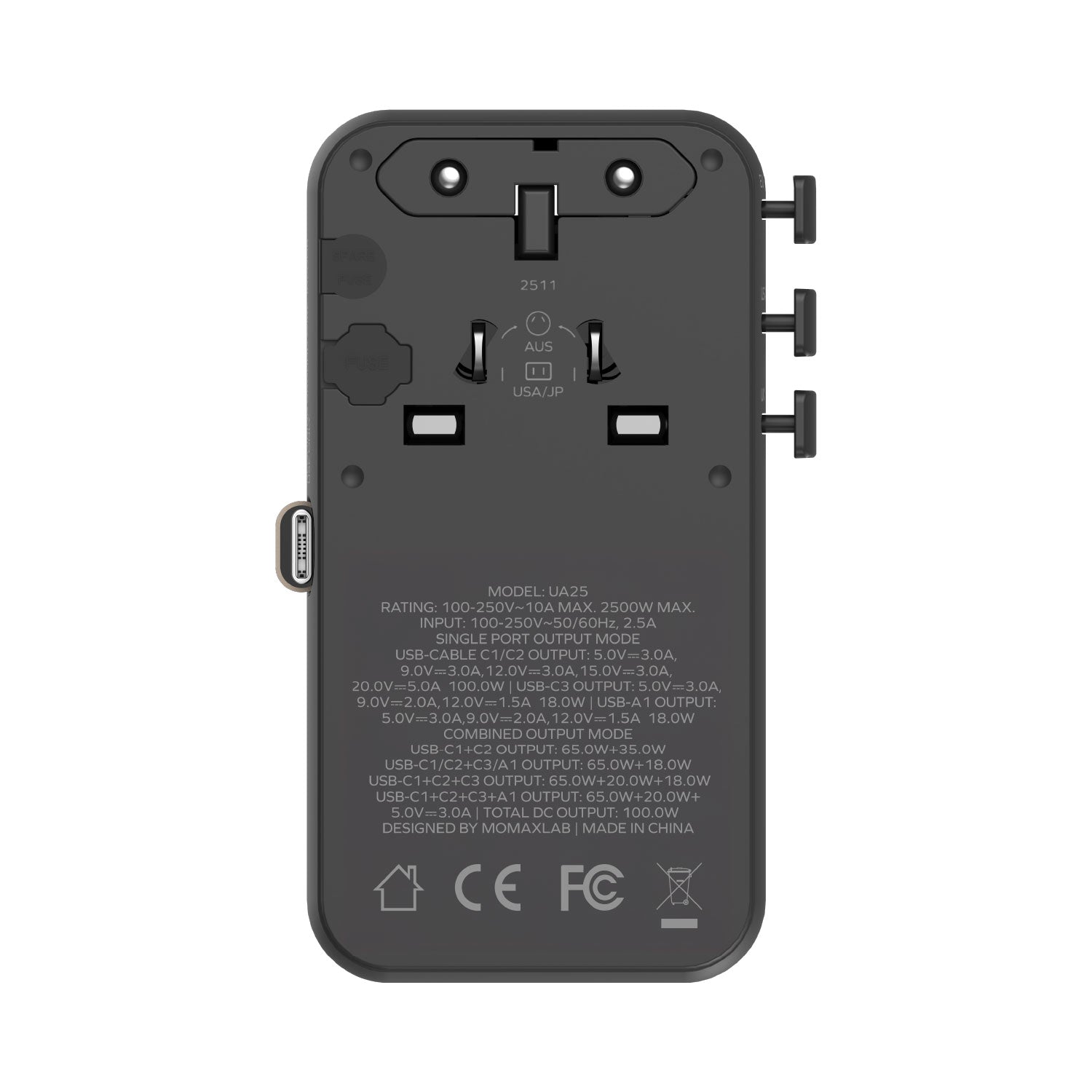 1-World²⁺ 4-Port Mini Universal Travel GaN Charger with Built-In Retractable Cable 100W with Dual AC - Limited Edition