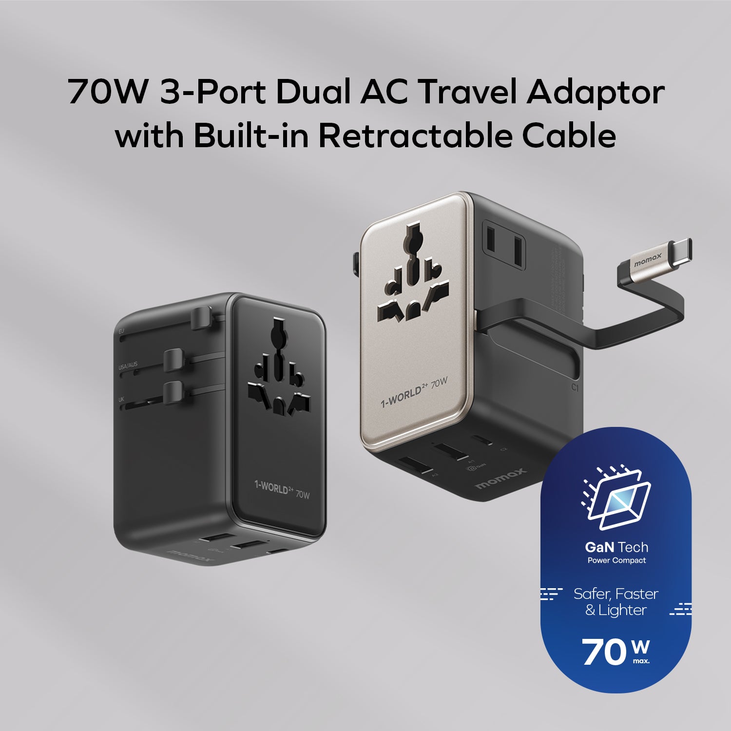 1-World²⁺ 70W 3-Port Dual AC Travel Adapter with Built-In Retractable