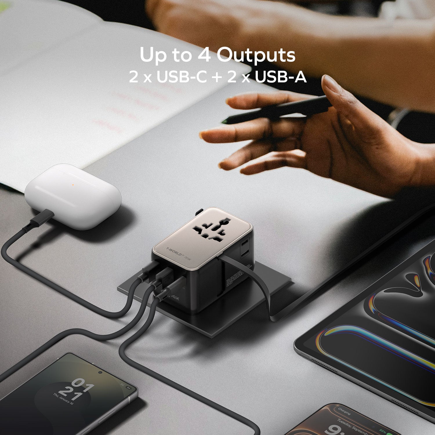 1-World²⁺  70W 伸縮充電線三接口雙 AC 旅行充電插座