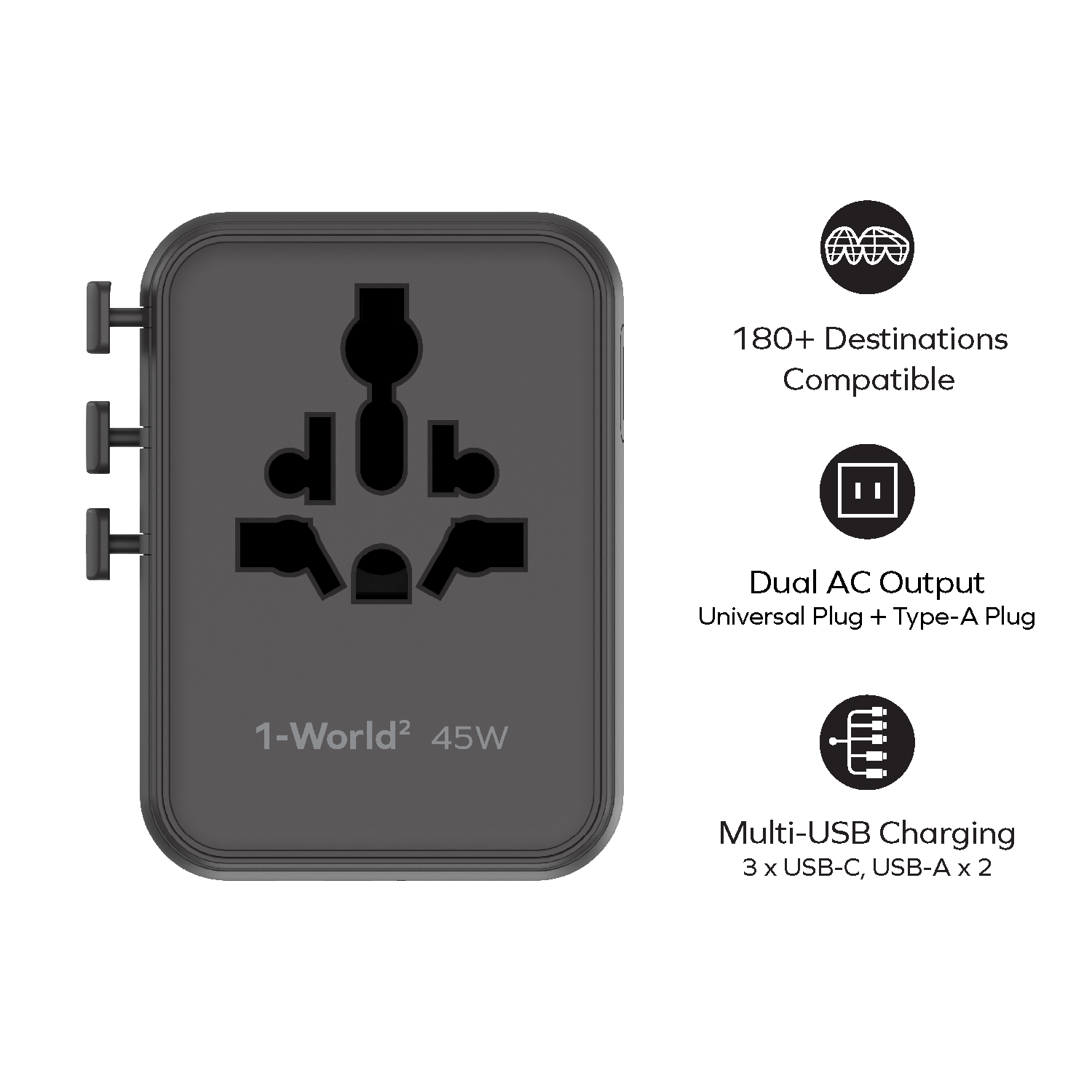 1-World² 45W 5-Port Dual AC Travel Adapter