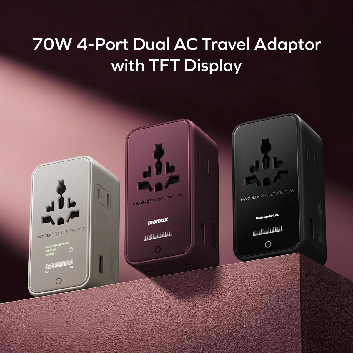 1-World² Pocket Pro 70W 4-Port Dual AC Travel Adapter With TFT Display