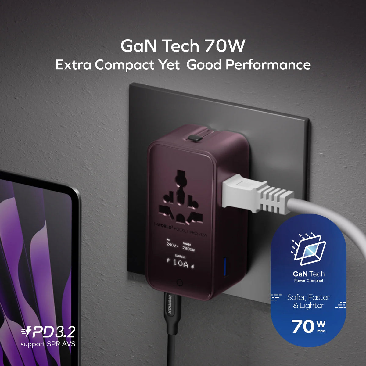 1-World² Pocket Pro 70W 4-Port Dual AC Travel Adapter With TFT Display