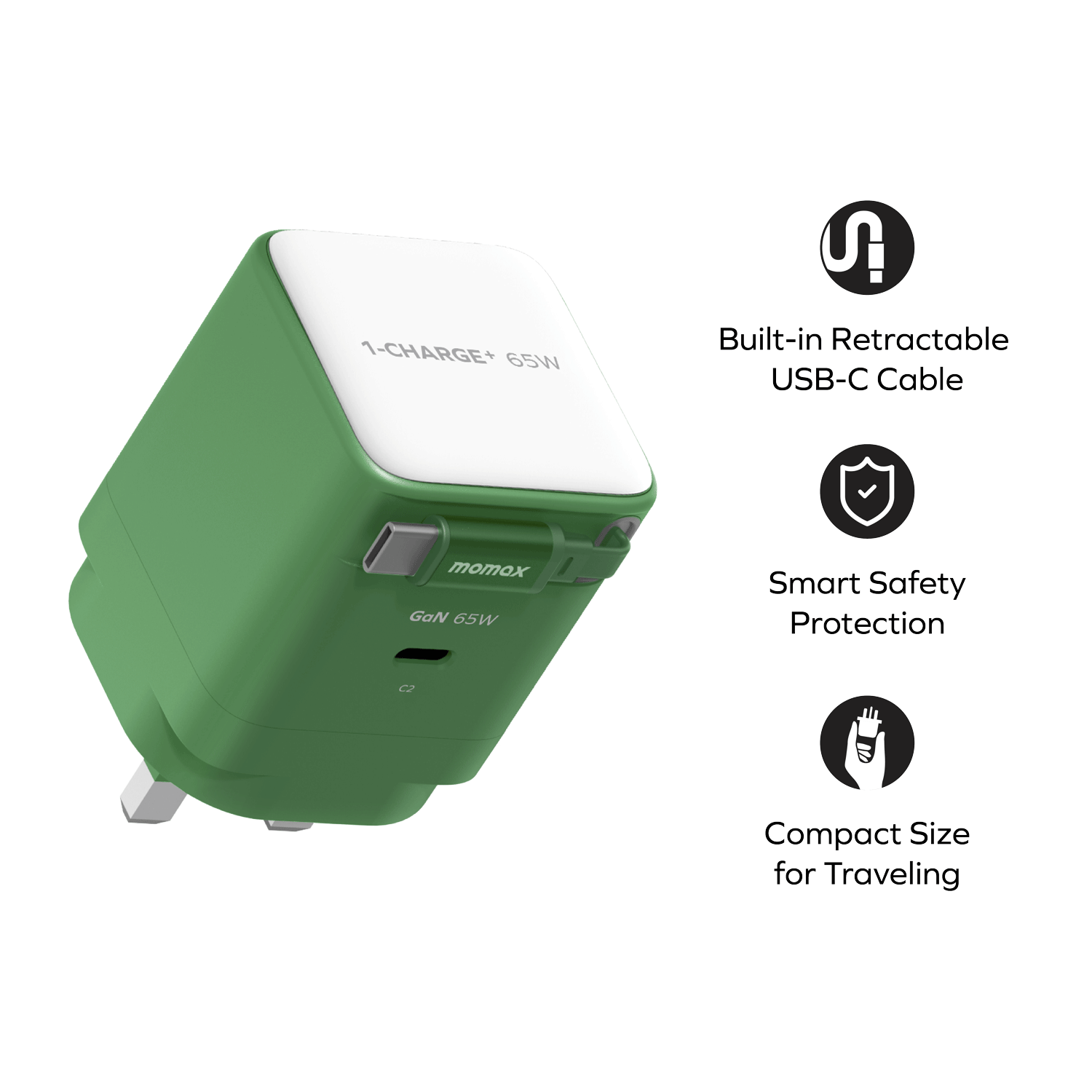 1-CHARGE+ 1 連接埠 GaN 65W 充電器，附可伸縮 USB-C線