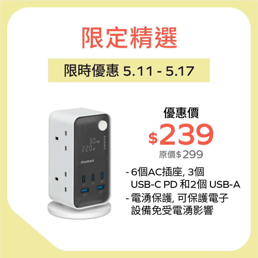 1-Charge Work-Flow 6 插座數位顯示電源盒 (附 USB)
