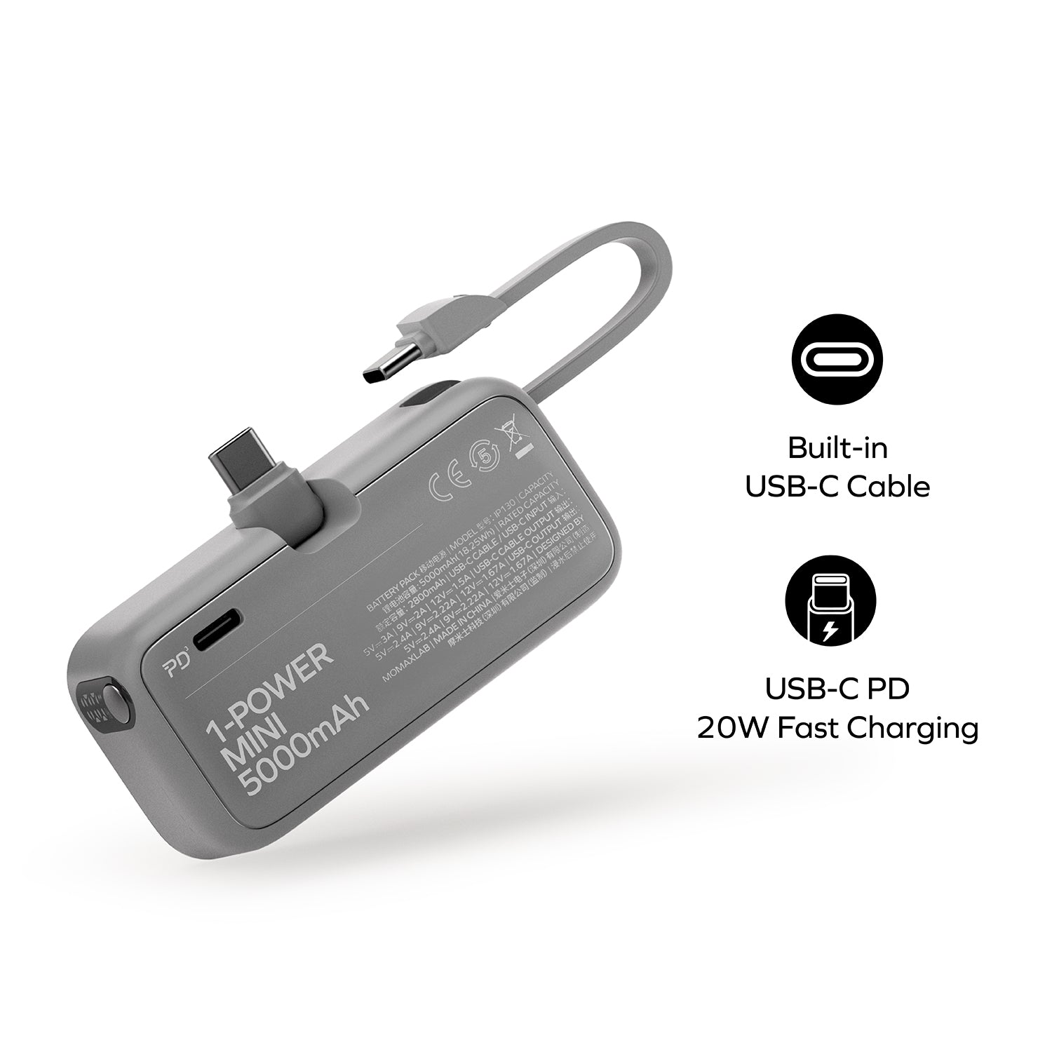 1-Power Mini 5000mAh built-in foldable USB-C power bank (Valentine's Limited Edition - Cherry Blossom)