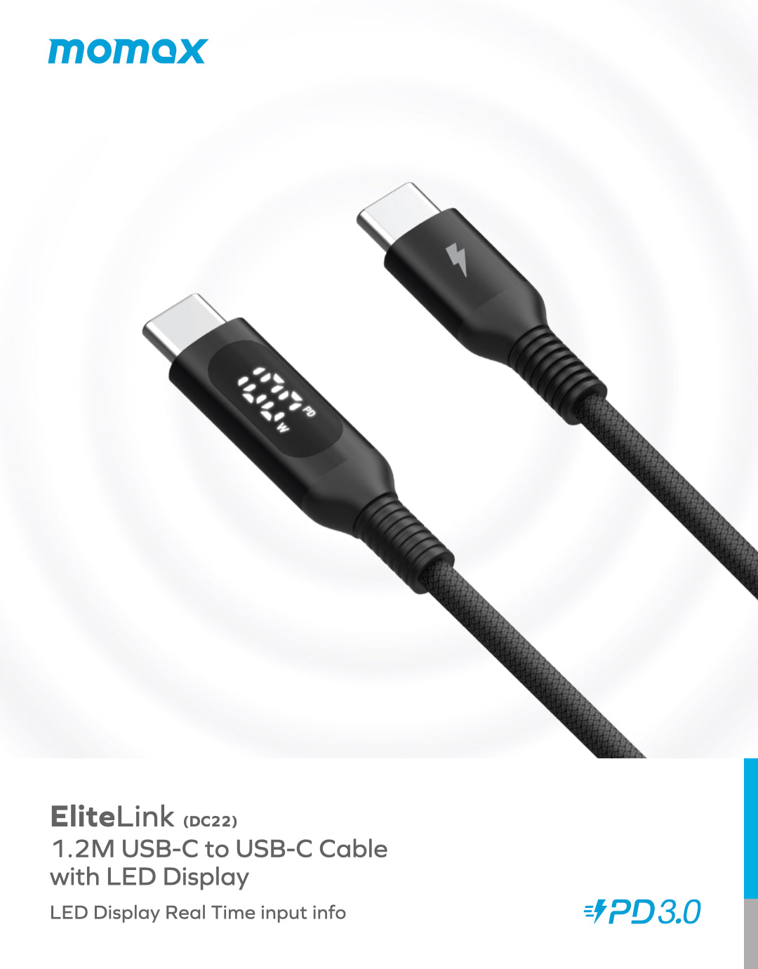 Elitelink USB-C to USB-C PD 100W LED尼龍編織快充線(1.2米) – Momax HK