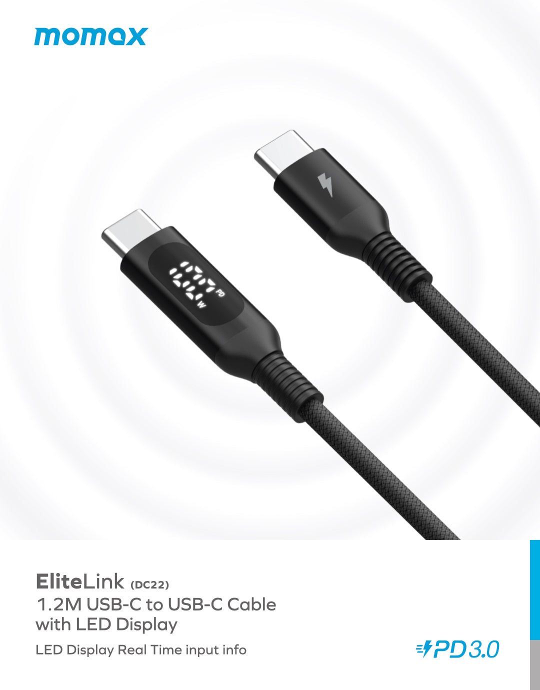 Momax Elitelink USB-C to USB-C PD 100W LED尼龍編織快充線 (1.2米)