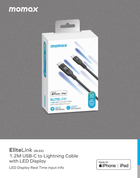 Momax Elitelink USB-C to Lightning PD 30W LED尼龍編織充電線 (1.2米)
