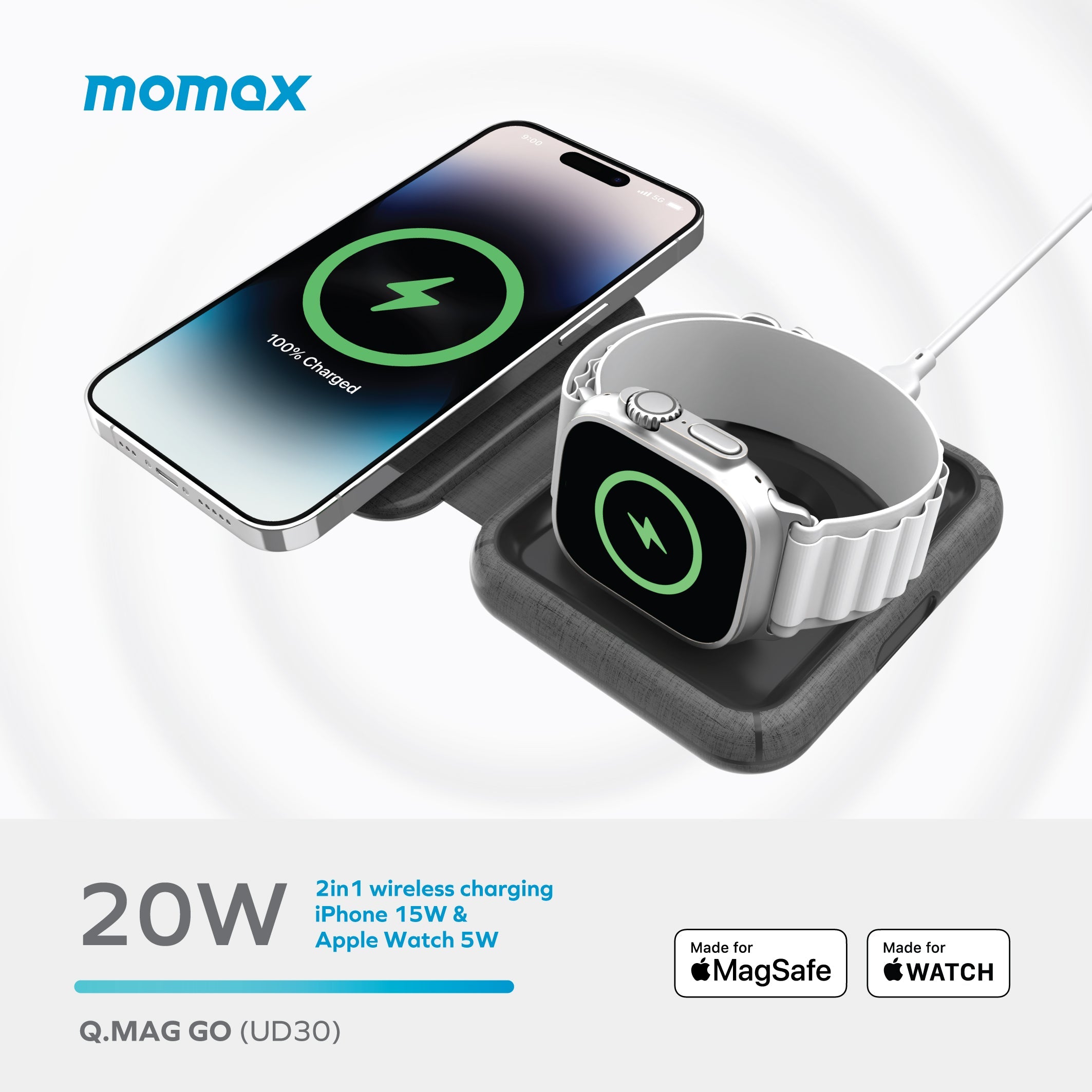 Momax Q.Mag Go 折疊MageSafe二合一無線充電器