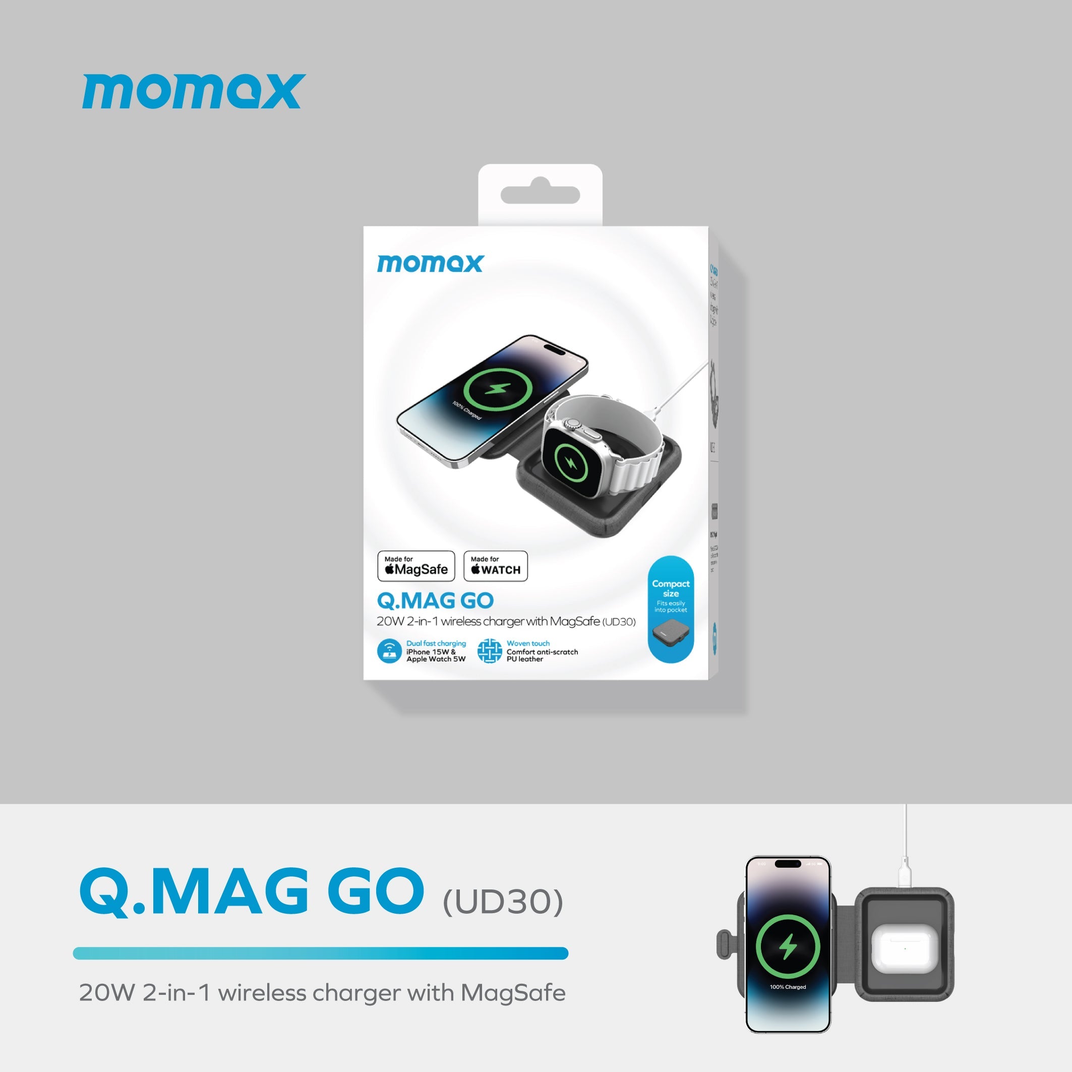 Q.Mag Go 折疊MageSafe二合一無線充電器– Momax HK