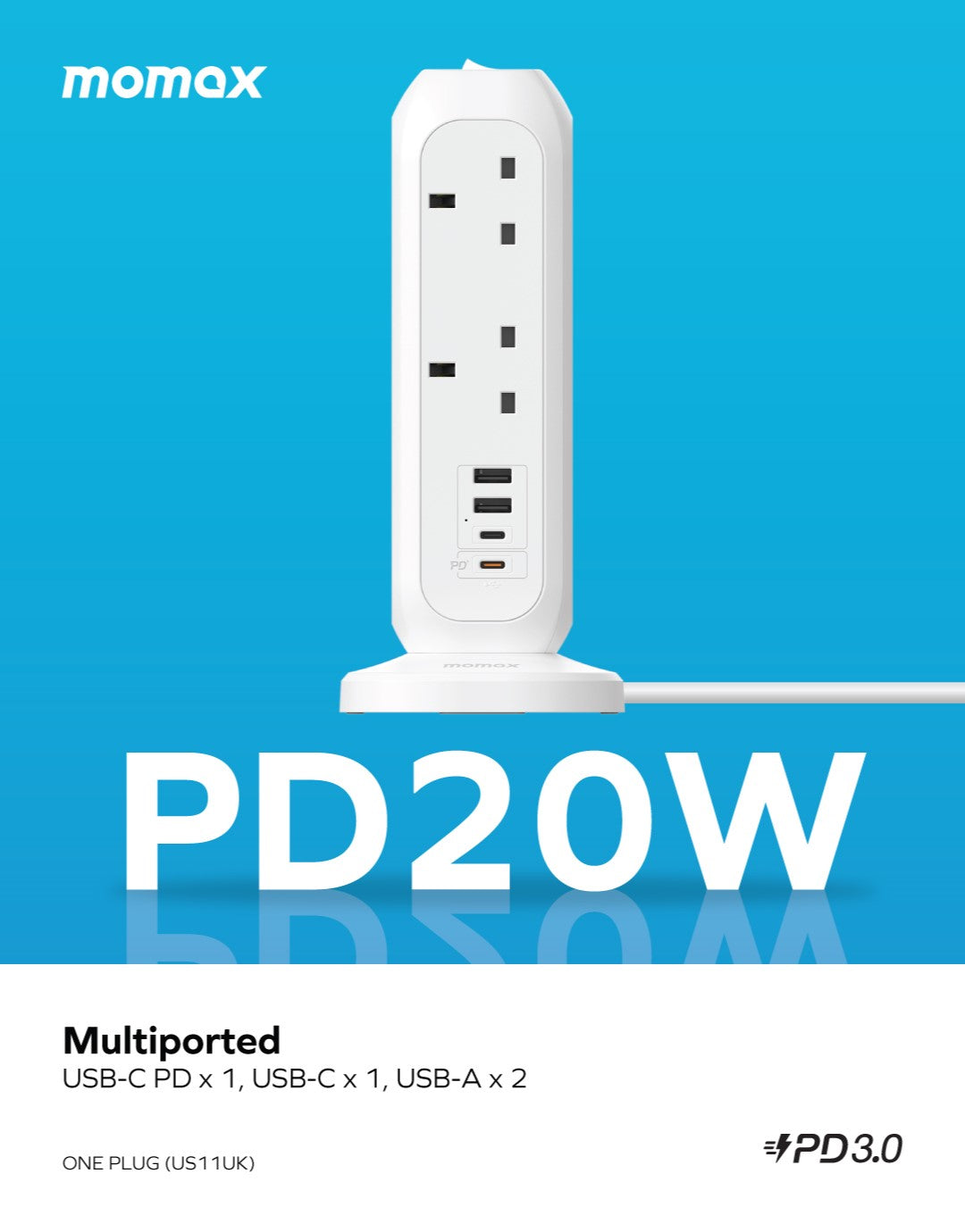 Momax ONEPLUG PD20W 2A2C 11位拖板