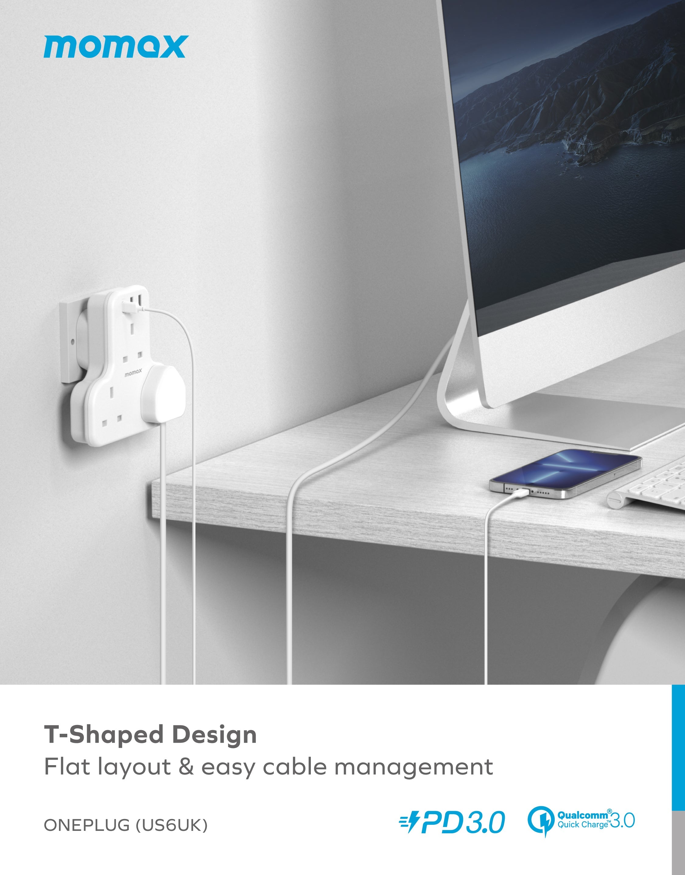 Oneplug 3-Outlet T-Shaped Extension Socket With USB