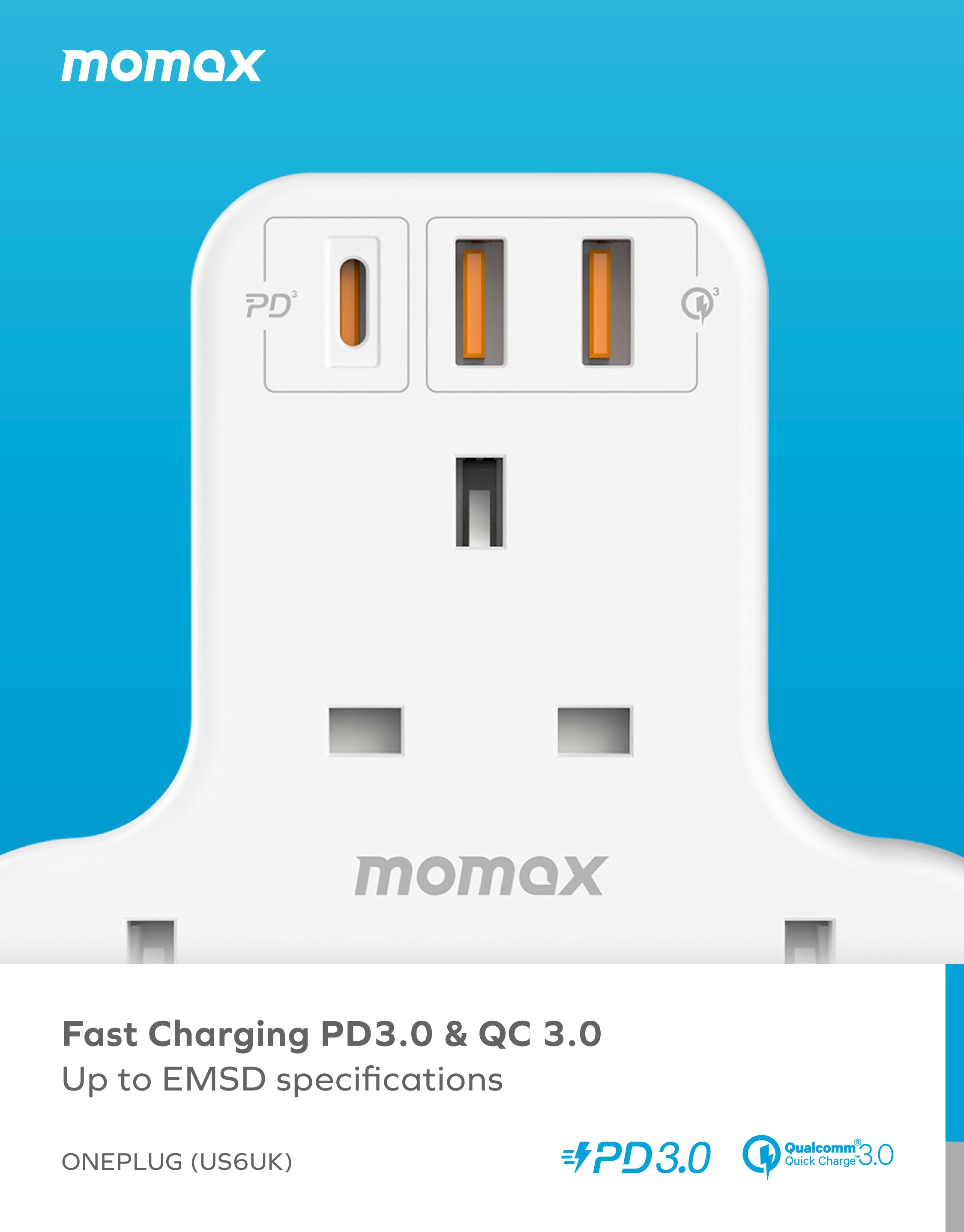 Oneplug 3-Outlet T-Shaped Extension Socket With USB